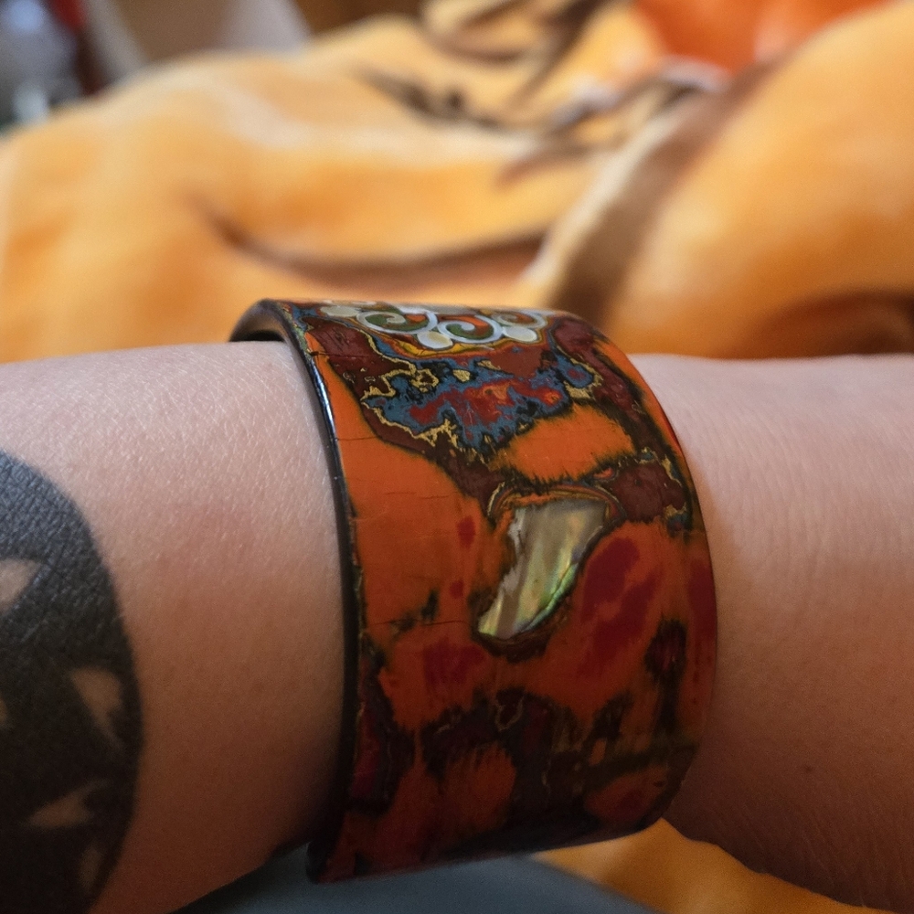 ❤️ Vibrant Artisan Enamel Cuff Bracelet w/ Mother-of-Pearl Inlay – Boho Statemen - Picture 5 of 6